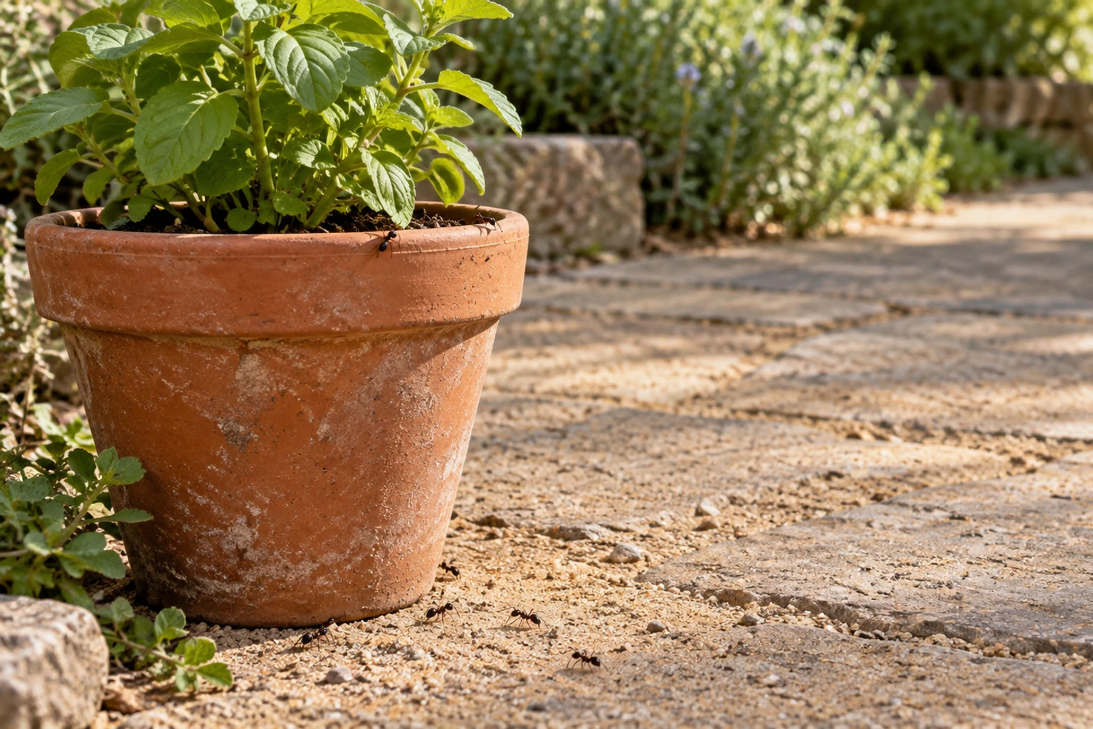 Terracotta bloempot met plant op tuinpad, ruiter van mieren langs het grind