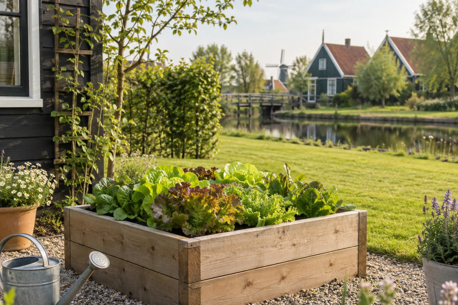 Houten verhoogde bak met sierlijke sla en kruiden naast huis aan water